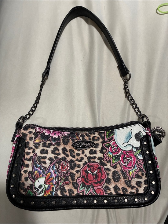 Ed Hardy Handbags - Ed Hardy Black Leopard Print Shoulder Bag with Pink Floral Accents